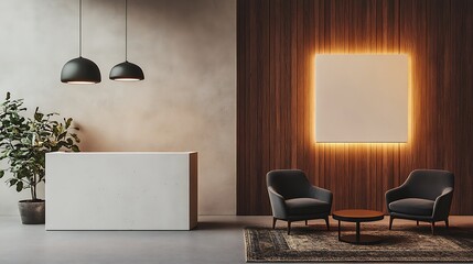  Interior of modern hotel lobby with grey and wooden walls design, tiled floor, panoramic window with blurry cityscape, and vertical mock-up poster design 