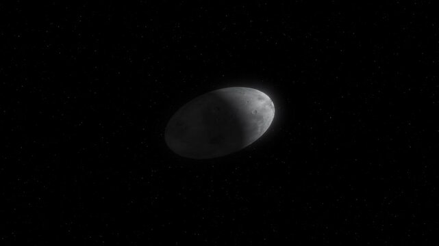 Dwarf Planet Haumea in Kuiper Belt in Outer Solar System as it Slowly Rotates. Odd Oval Shape Object Due to Fast Rotation. 3D Science Astro Space Animation ProRes 4K.