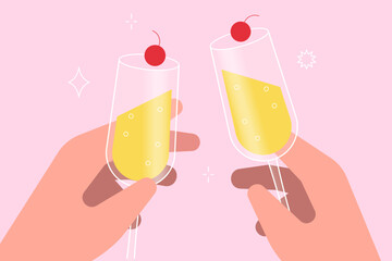 Hands holding a glasses with white wine. Friends raising a toast with glasses of wine at christmas dinner. Vector illustration