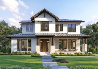 Fototapeta premium A two-story modern house with an exterior of brown wood and white walls, featuring large windows on the first floor to allow for natural light