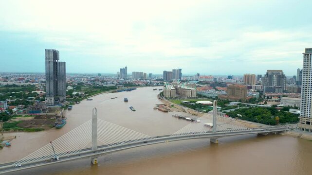 Hau Bassac river Koh Pich Island in Phnom Penh, Cambodia bridge infrastructure