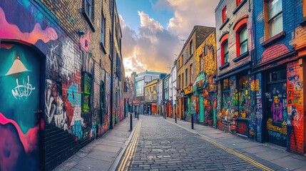 Fototapeta premium A narrow street lined with colorful buildings adorned with street art and graffiti, showcasing the vibrant and artistic culture of the city.