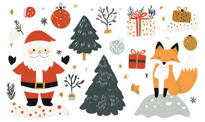 Fototapeta premium Joyful Christmas and New Year Collection: Santa, Festive Animals, Whimsical Decorations, Cozy Holiday Scenes, and Playful Winter Elements on White Background