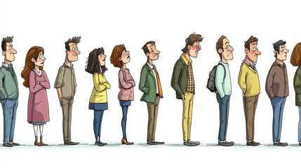 Fototapeta premium People Standing in Line in a Cartoon Style Illustration