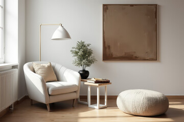 The image depicts a minimalist living room with neutral tones and natural textures, featuring a plush armchair, a light wood table, an abstract painting, a pouf, and a natural light window.