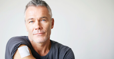 A middle-aged man holds his hand after vaccination. Disease prevention, protection and care of your health