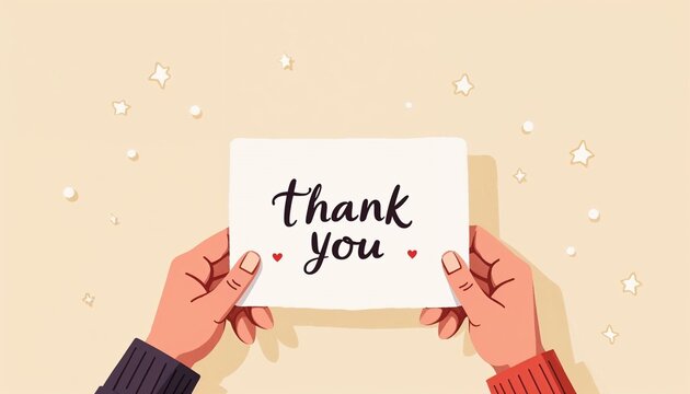 Cozy illustration of hands presenting a handwritten "Thank You" note on a soft background
