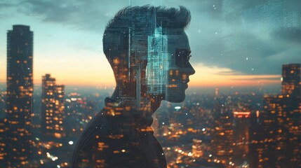 Double exposure of business theme hologram drawing and city veiw background. Concept of success