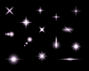 Set shine bright stars. Silver sparkles, light effect. Vector illustration on black background