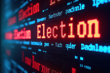 Obraz premium Digital display board with scrolling text, modern and electronic style with LED lights. Horizontal layout showing 'Election' in bold red letters.