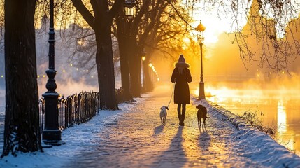Woman Walking Dog in Sunrise Glow Along City Path