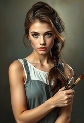 Obraz premium Beautiful Young Artist Holding Paintbrushes Portrait