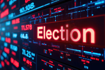 Fototapeta premium Digital display board with scrolling text, modern and electronic style with LED lights. Horizontal layout showing 'Election' in bold red letters.