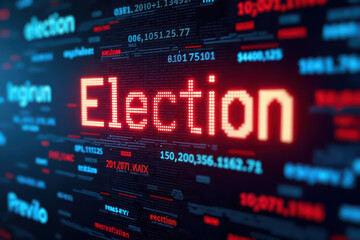 Obraz premium Digital display board with scrolling text, modern and electronic style with LED lights. Horizontal layout showing 'Election' in bold red letters.