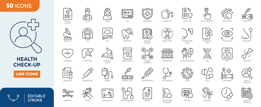 health check-up icon set. Outline Icon Collection. Vector illustration. Editable stroke	