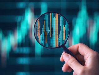Analyzing financial data a hand holding a forensic magnifying glass over a dynamic graph in gigapixel standard resolution