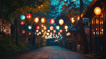 Fototapeta premium Lanterns Light Up a Tranquil Japanese Pathway