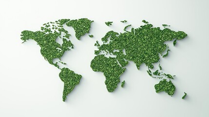 Green world map formed by leaves on a white isolated background.