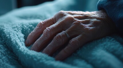Fototapeta premium Close-up of a patienta??s hand resting on a blanket during chemotherapy, reflecting a sense of calm.