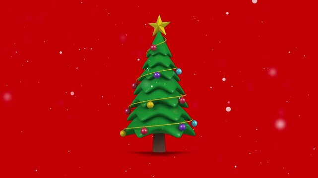 Cartoon 3D Christmas tree with ornaments rotating around and falling snowy on red background, Looping animation.