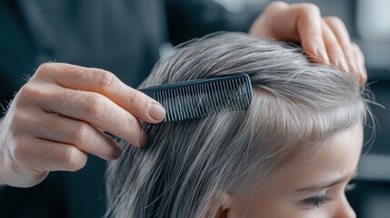 Fototapeta premium Close-up of a person combing child's hair, showcasing gentle grooming and care.