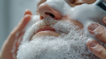 Fototapeta premium Close-up of a man receiving a shaving treatment with rich, foamy lather on his beard.