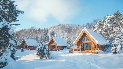 Traditional Wooden Cabins in Snowy Hokkaido Landscape