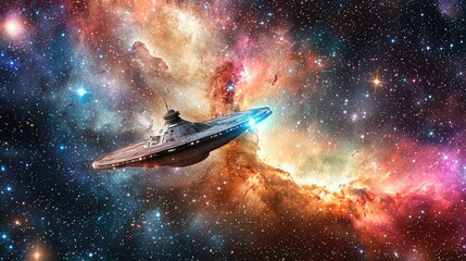 Obraz premium Serene Spaceship Cruising Through Starry Nebula