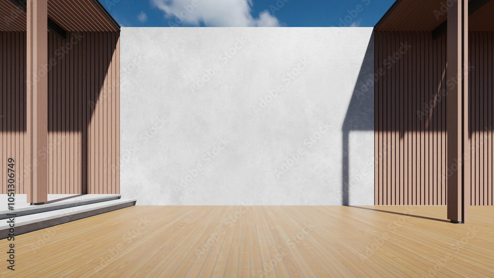 Poster 3d rendering of modern building with large concrete wall. Minimal exterior architecture