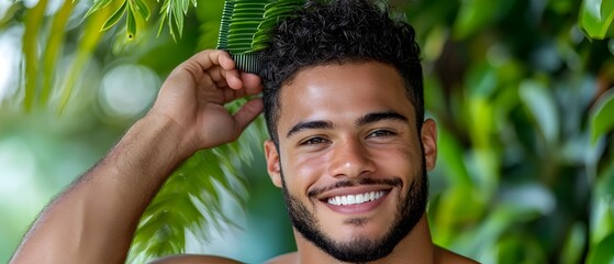 Close up of a smiling well groomed man meticulously combing and styling his hair with a comb focusing on personal care and grooming for a clean polished and confident appearance