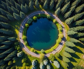 Circular lake forest top view Generative Ai

