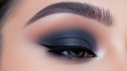 Naklejka premium Elegant close-up of a dramatic eye makeup look featuring dark shades and a perfect winged eyeliner.