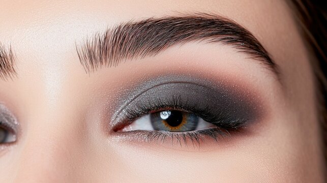 Close-up of a stunning eye with intricately applied smoky eye makeup and beautifully groomed eyebrows.