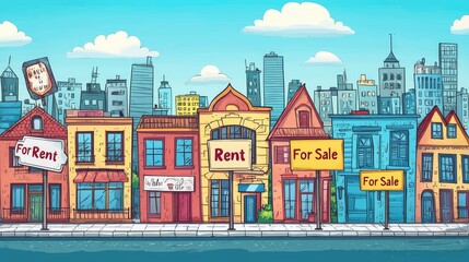 Naklejka premium Playful Cartoon Cityscape Illustration with Signs