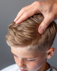 Fototapeta premium Close-up of a child's stylish haircut being styled with a hand, showcasing modern grooming techniques.