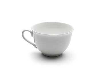 A simple white teacup with a handle on a white background.