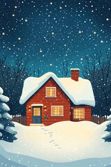 Fototapeta premium Cozy snow-covered cabin in forest under starry sky