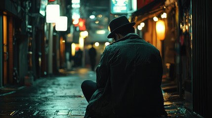 Man Sitting Alone in a Dimly Lit Alley at Night
