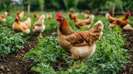 Peaceful Scene in a Lush Vegetable Garden with Chickens