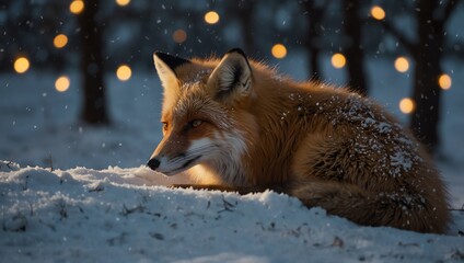 Fototapeta premium red fox vulpes , A red fox lies in the snow, with twinkling lights in the background.