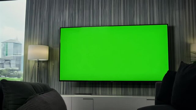 flatscreen television green screen composited modern living room providing sleek design r own content vibrant backdrop 4K background led video display flat home interior lcd plasma