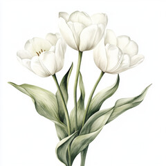 White tulips with soft green leaves, minimalistic bouquet, isolated watercolor,Generative AI