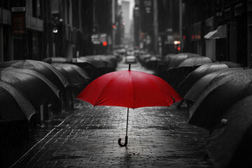 Bright red umbrella stands out among numerous black umbrellas in a rainy city street. Uniqueness, creativity, and confidence in challenging situations