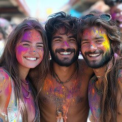 Fototapeta premium Group of friends covered in colorful powder, smiling and celebrating Holi