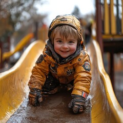 A child with dwarfism climbing a slide in a playground