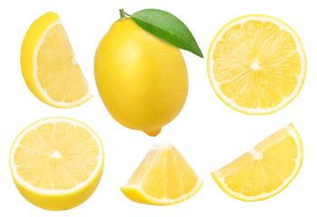 lemon fruit, piece and half isolated, Fresh and Juicy Lemon, transparent PNG, PNG format, collection