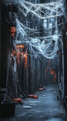Spooky Halloween Alleyway Decorated with Cobwebs