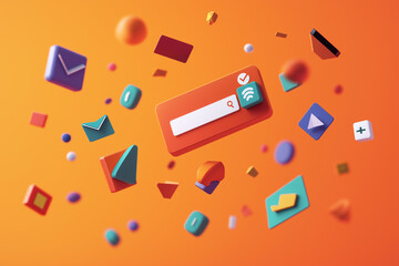 Digital icons and search bar floating in vibrant background