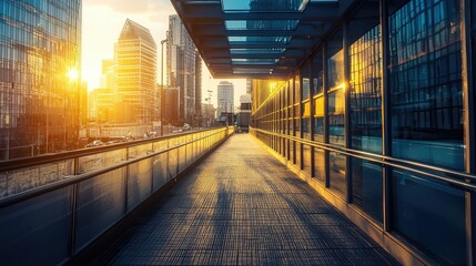 Fototapeta premium Modern Elevated Walkway in Cityscape at Sunset