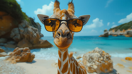 Fun Giraffe with Sunglasses Relaxing Under the Palm Trees on a Beach